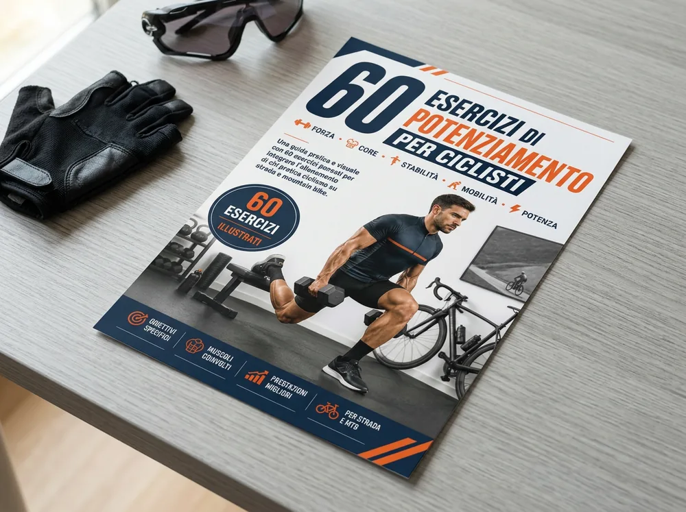 Guida stampata con 60 esercizi di potenziamento per ciclisti in formato A4 su un tavolo